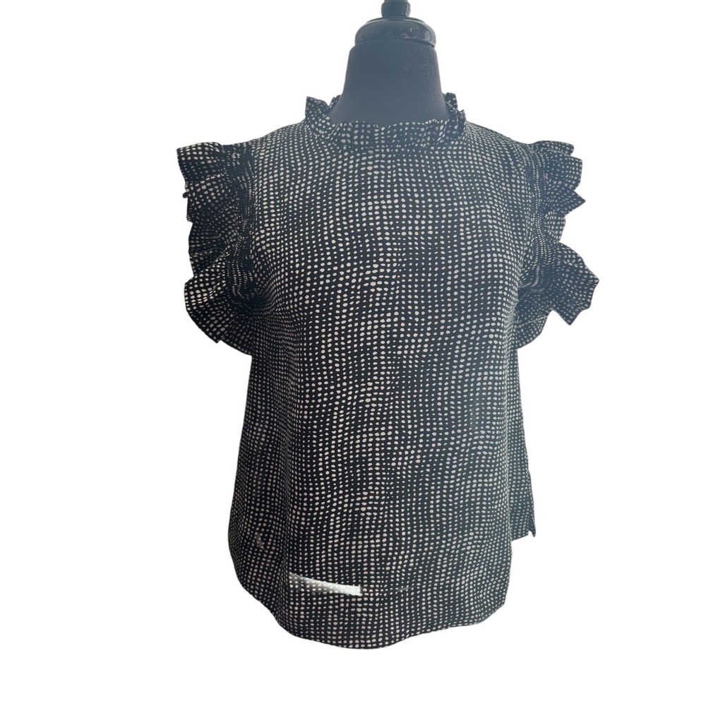 Jodifl‎ Black White Polka Dot Ruffle Mock Neck Cap Sleeve Blouse Top Medium